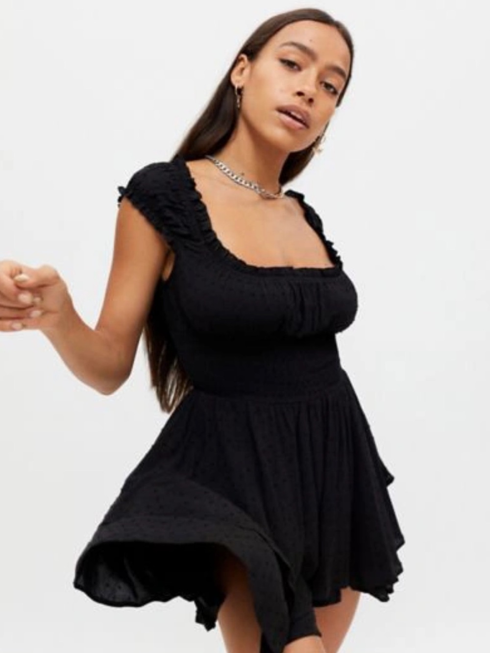 Urban Outfitters Uo Rosie Black Smocked Tiered Polka Dot Ruffle Romper